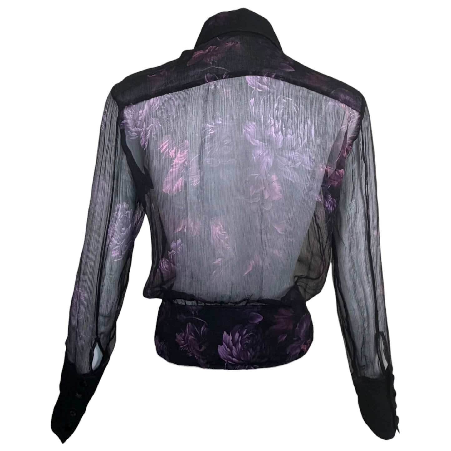 Vintage Gucci by Tom Ford Sheer Black Silk Chiffon Purple Floral Ruffle Blouse Size 38