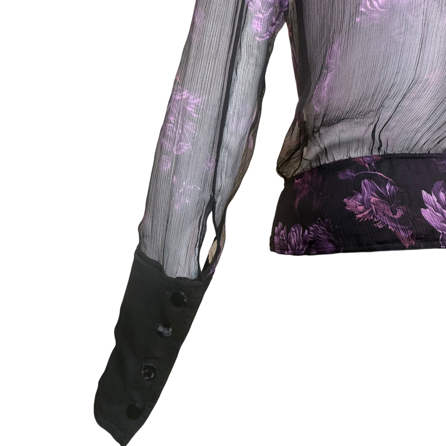 Vintage Gucci by Tom Ford Sheer Black Silk Chiffon Purple Floral Ruffle Blouse Size 38