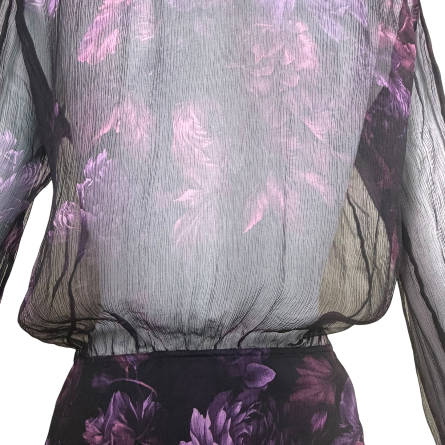 Vintage Gucci by Tom Ford Sheer Black Silk Chiffon Purple Floral Ruffle Blouse Size 38
