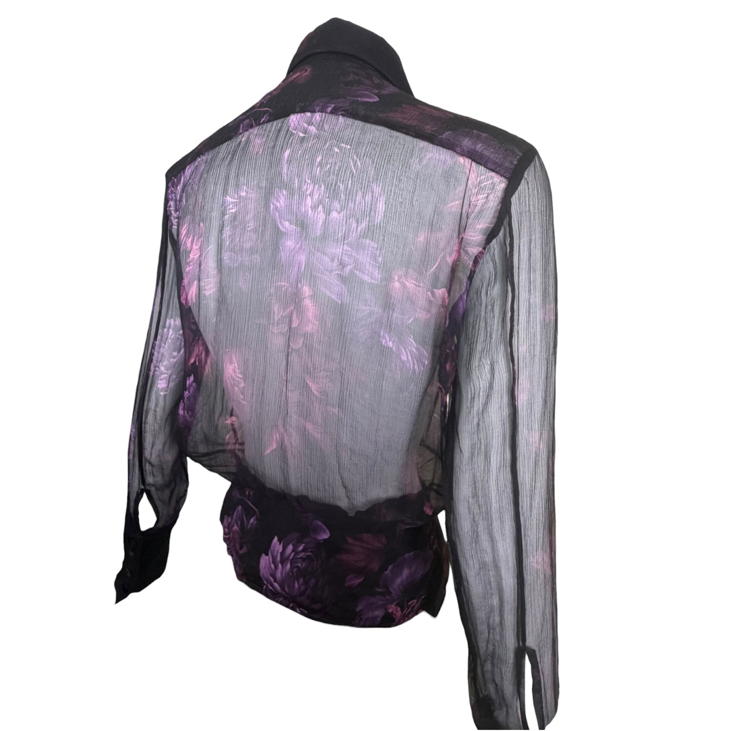 Vintage Gucci by Tom Ford Sheer Black Silk Chiffon Purple Floral Ruffle Blouse Size 38