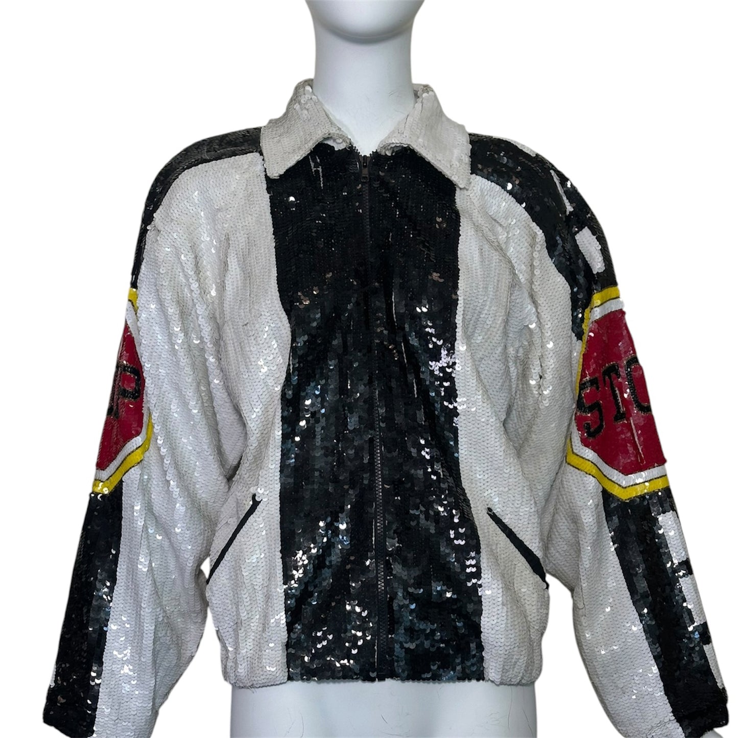 Lillie Rubin Vintage  B&W Silk Sequined STOP! 101 Bomber Jacket