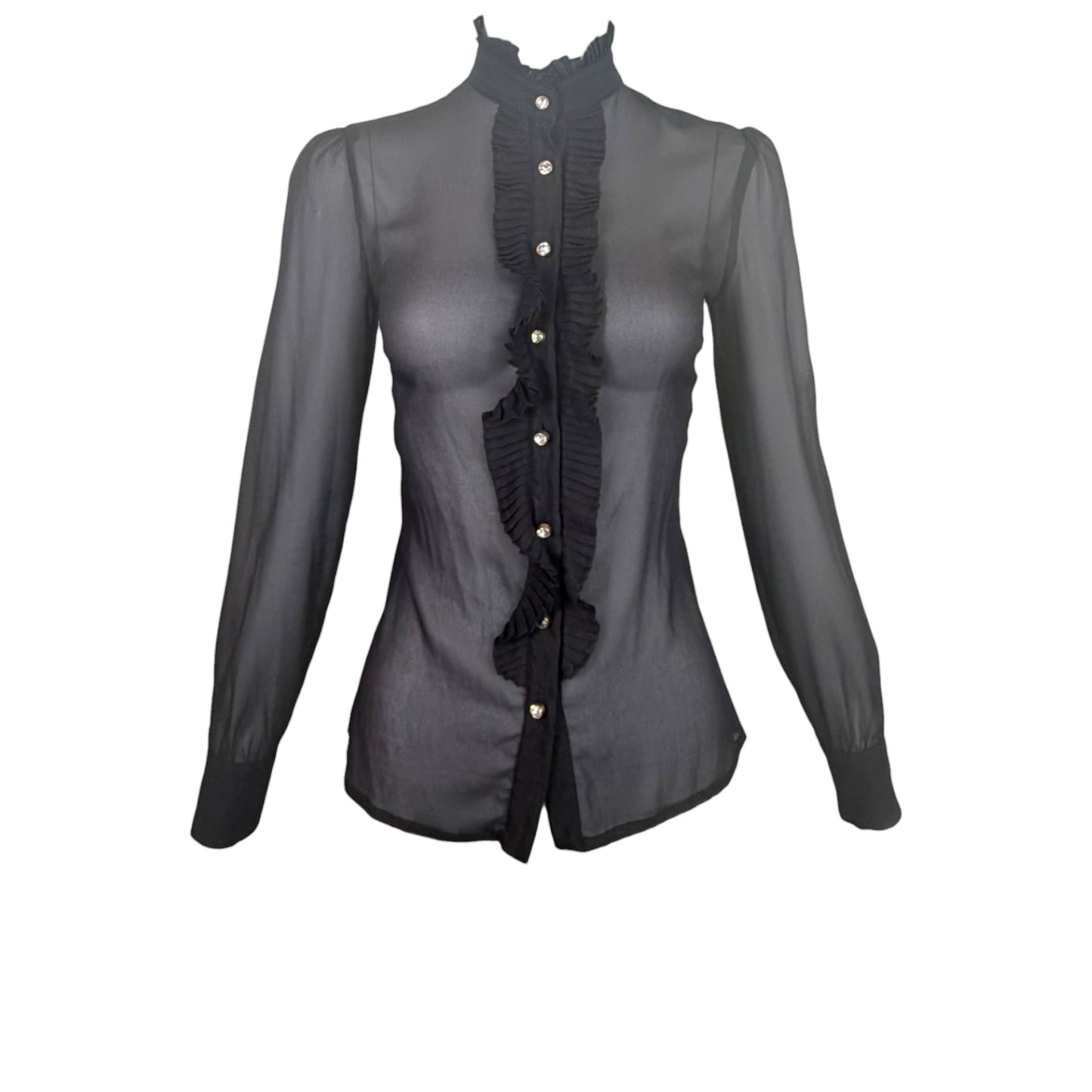Vintage D&G Dolce & Gabbana Black Sheer Silk Organza Ruffle Crystal Button Blouse XS