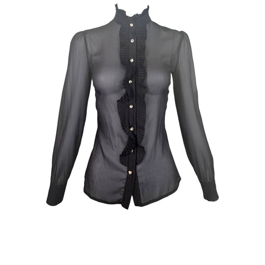 Vintage D&G Dolce & Gabbana Black Sheer Silk Organza Ruffle Crystal Button Blouse XS