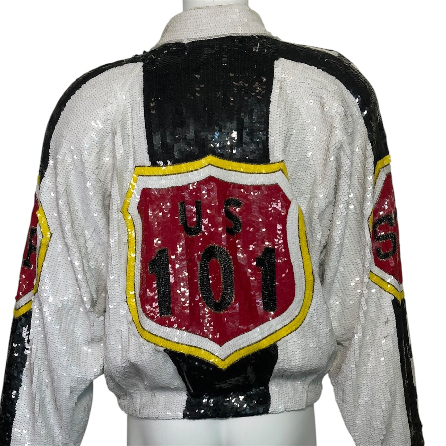 Lillie Rubin Vintage  B&W Silk Sequined STOP! 101 Bomber Jacket