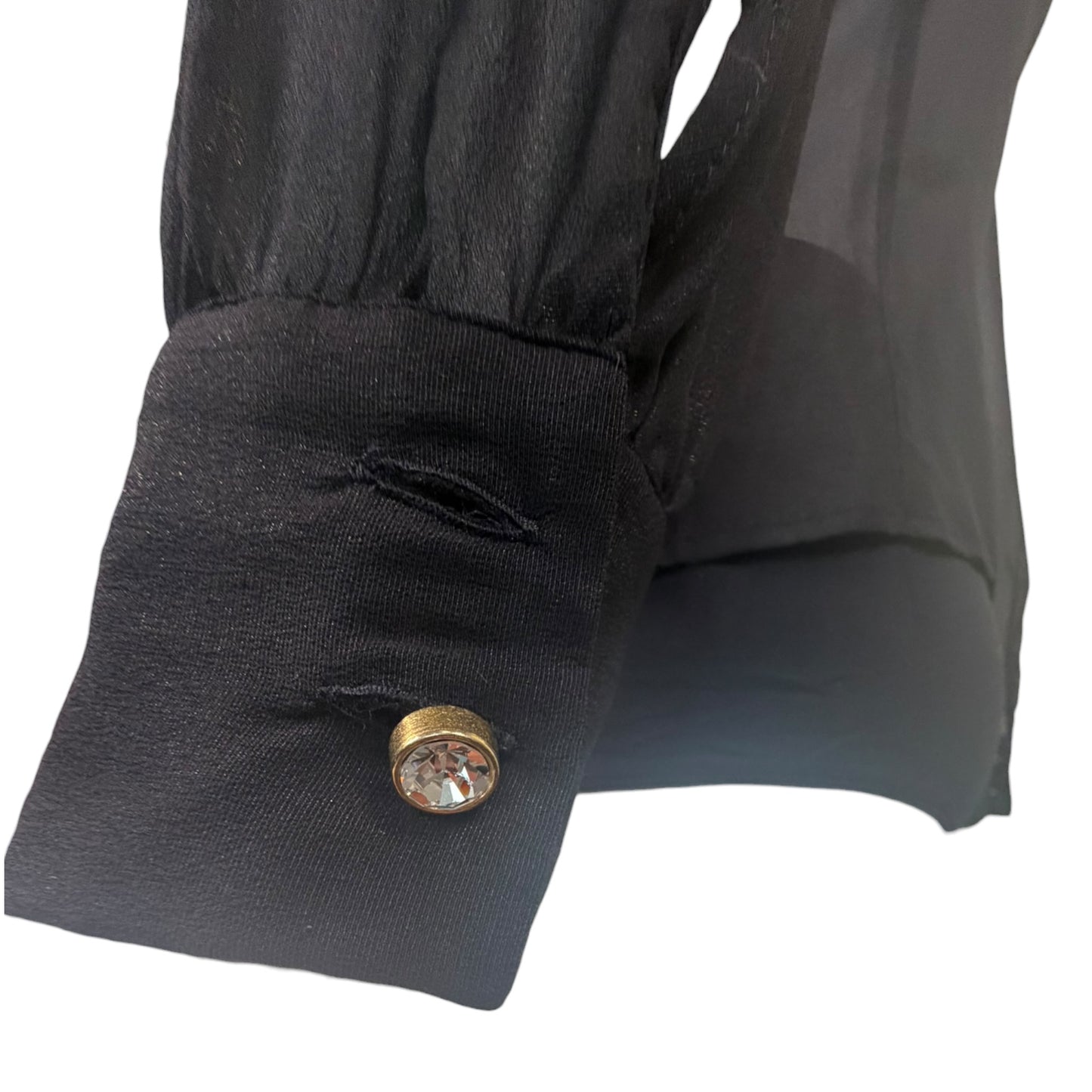 Vintage D&G Dolce & Gabbana Black Sheer Silk Organza Ruffle Crystal Button Blouse XS