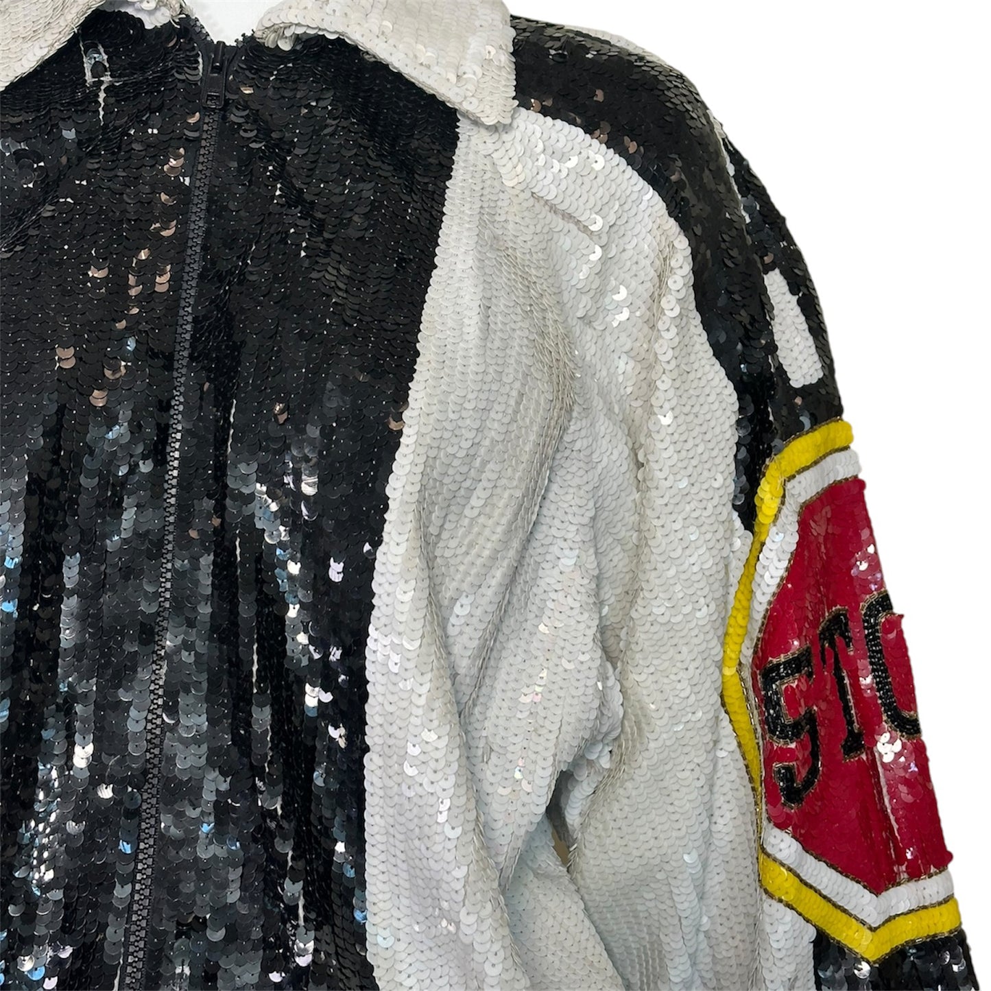 Lillie Rubin Vintage  B&W Silk Sequined STOP! 101 Bomber Jacket