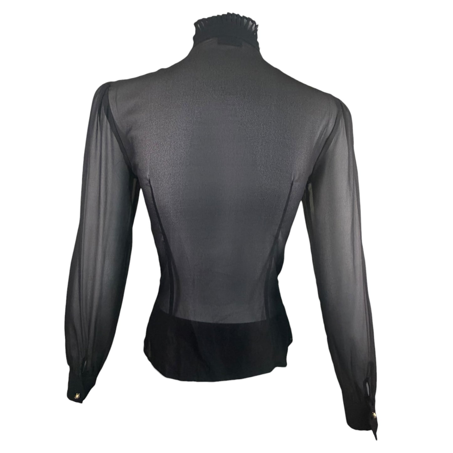Vintage D&G Dolce & Gabbana Black Sheer Silk Organza Ruffle Crystal Button Blouse XS