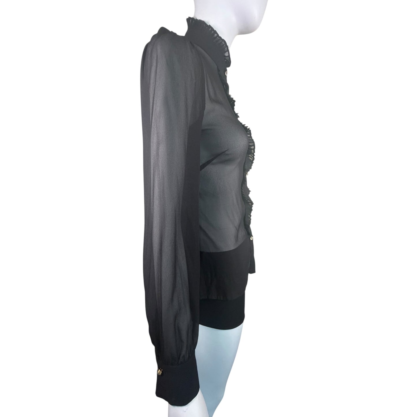Vintage D&G Dolce & Gabbana Black Sheer Silk Organza Ruffle Crystal Button Blouse XS