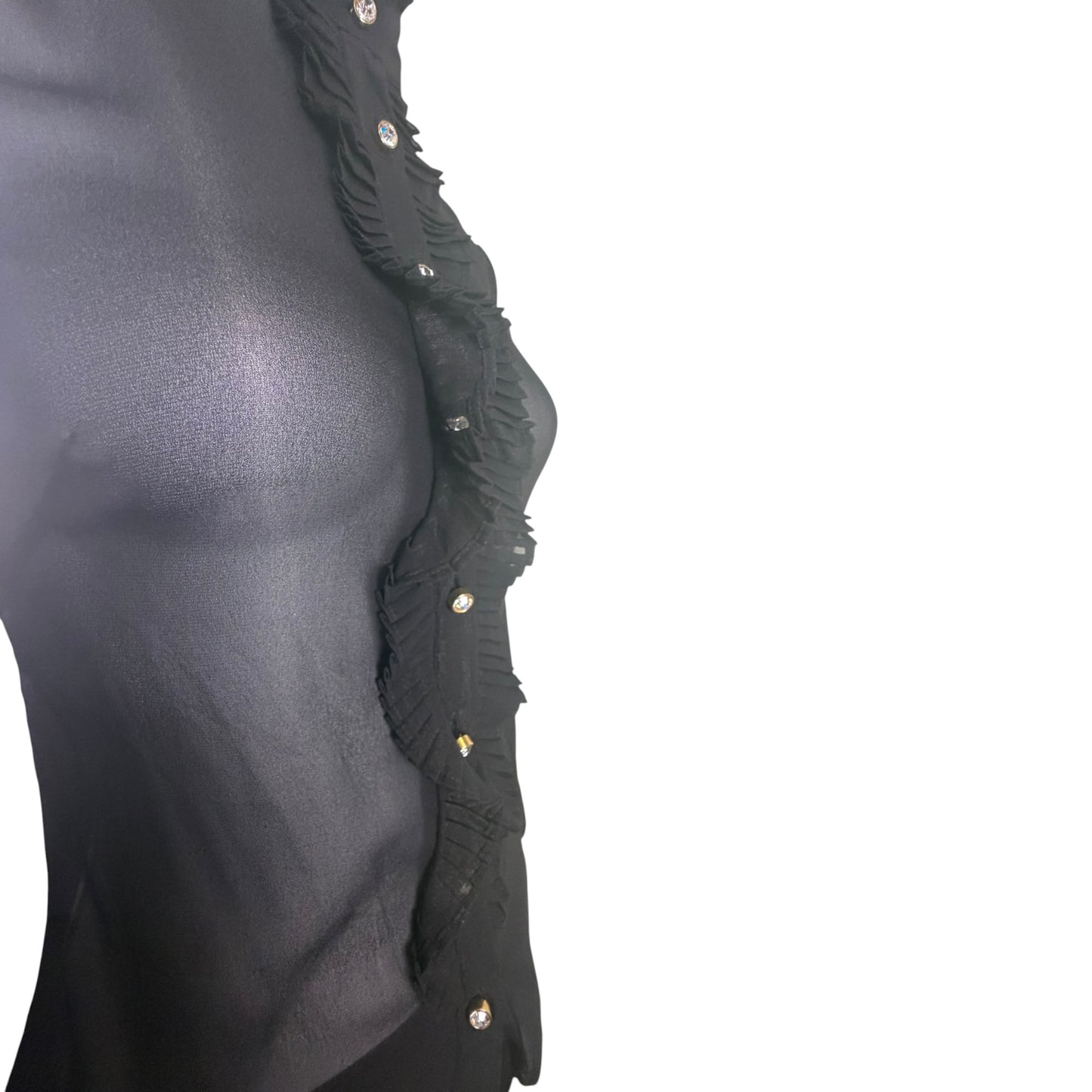 Vintage D&G Dolce & Gabbana Black Sheer Silk Organza Ruffle Crystal Button Blouse XS