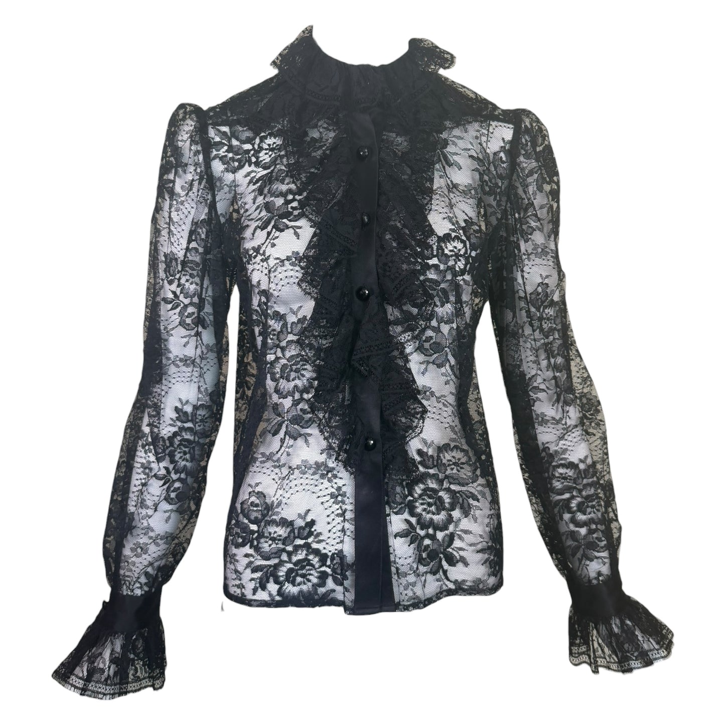 Vintage Yves Saint Laurent Rive Gauche 1981 Black Floral Lace Victorian Ruffle Blouse Made in France FR 38