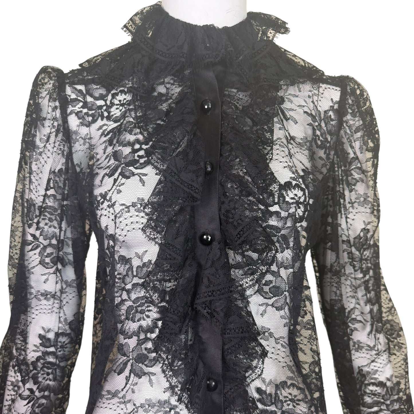 Vintage Yves Saint Laurent Rive Gauche 1981 Black Floral Lace Victorian Ruffle Blouse Made in France FR 38