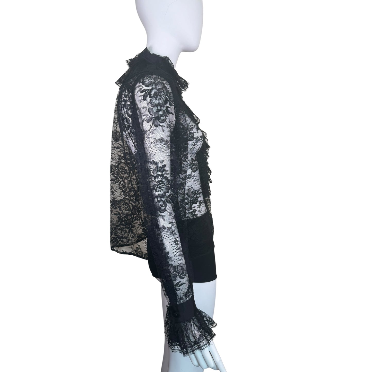 Vintage Yves Saint Laurent Rive Gauche 1981 Black Floral Lace Victorian Ruffle Blouse Made in France FR 38