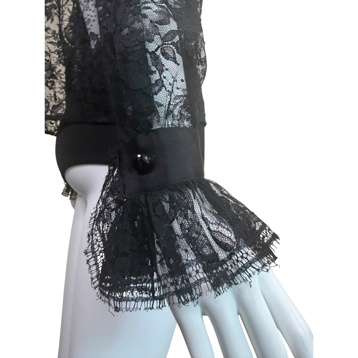 Vintage Yves Saint Laurent Rive Gauche 1981 Black Floral Lace Victorian Ruffle Blouse Made in France FR 38