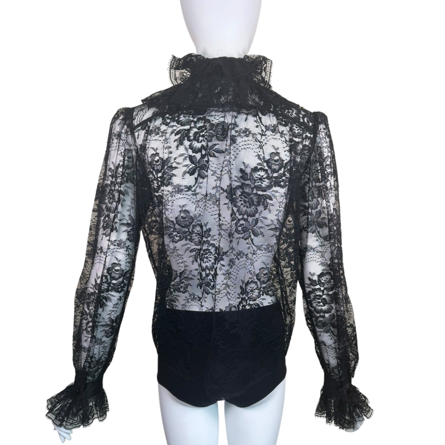 Vintage Yves Saint Laurent Rive Gauche 1981 Black Floral Lace Victorian Ruffle Blouse Made in France FR 38