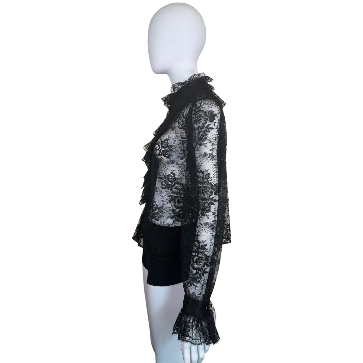 Vintage Yves Saint Laurent Rive Gauche 1981 Black Floral Lace Victorian Ruffle Blouse Made in France FR 38