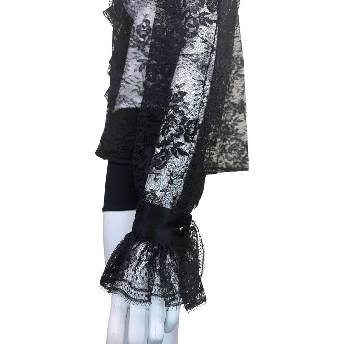 Vintage Yves Saint Laurent Rive Gauche 1981 Black Floral Lace Victorian Ruffle Blouse Made in France FR 38