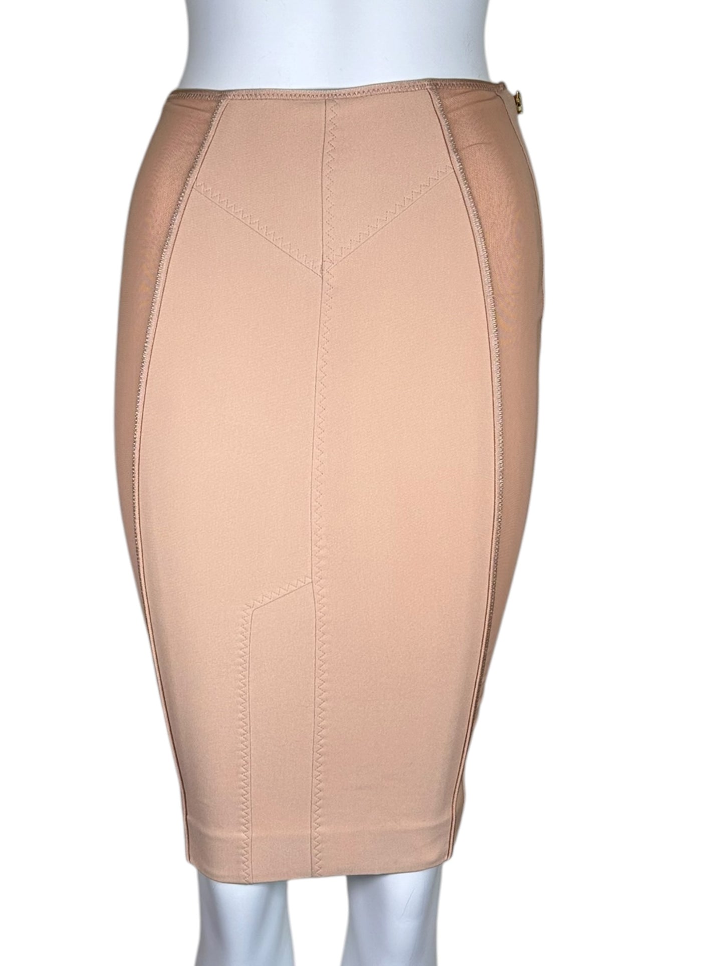 Tom Ford Beige Mesh Panel Pencil Skirt with Gold Logo Side Zipper Size 34