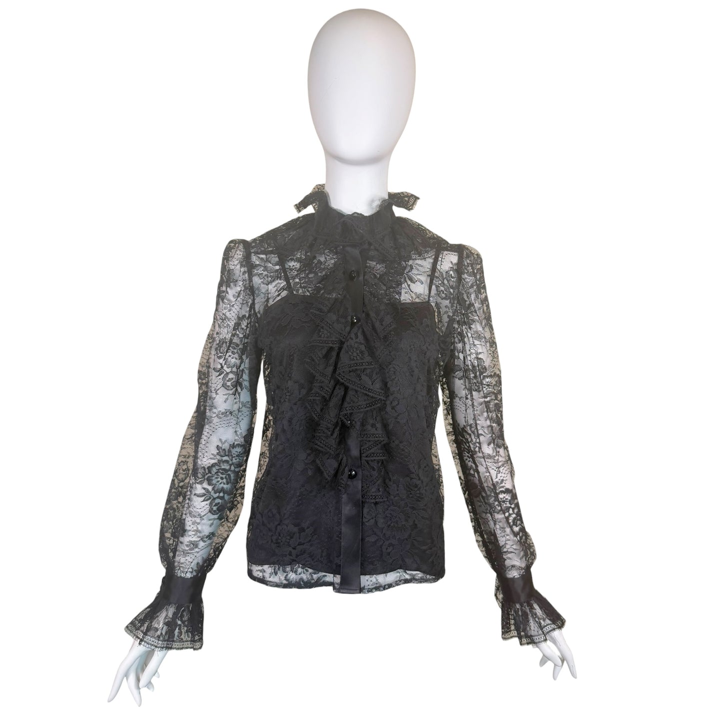 Vintage Yves Saint Laurent Rive Gauche 1981 Black Floral Lace Victorian Ruffle Blouse Made in France FR 38