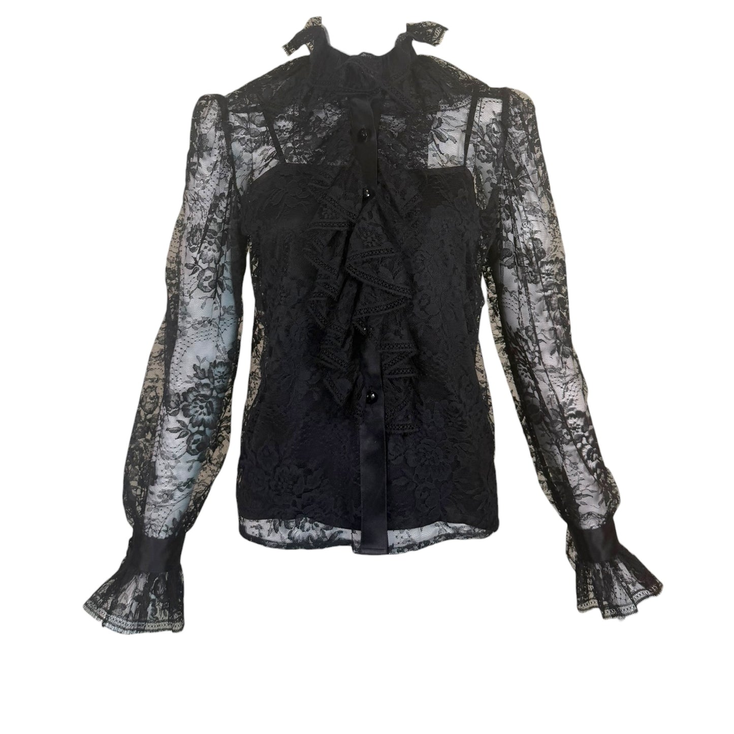 Vintage Yves Saint Laurent Rive Gauche 1981 Black Floral Lace Victorian Ruffle Blouse Made in France FR 38