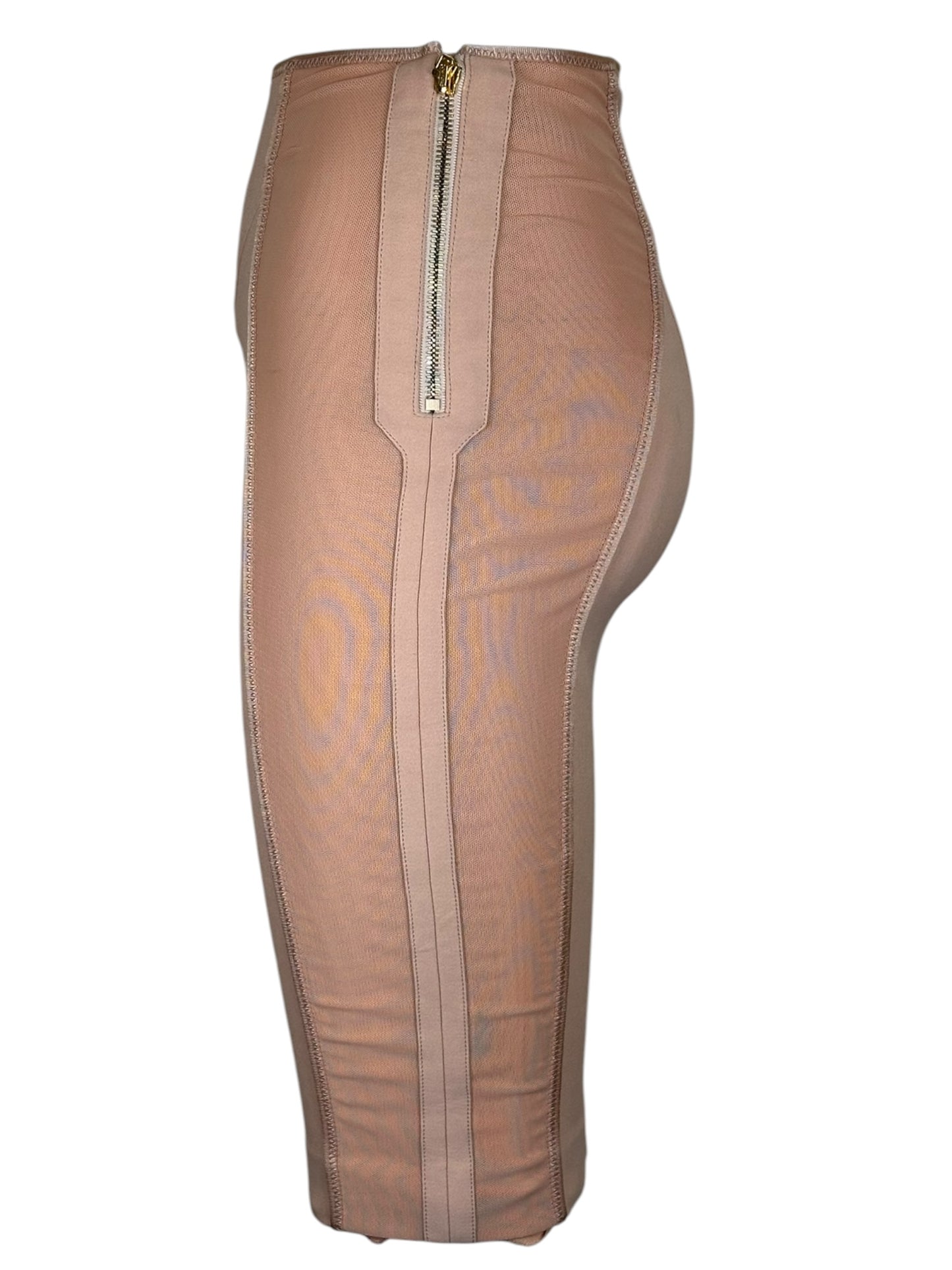 Tom Ford Beige Mesh Panel Pencil Skirt with Gold Logo Side Zipper Size 34