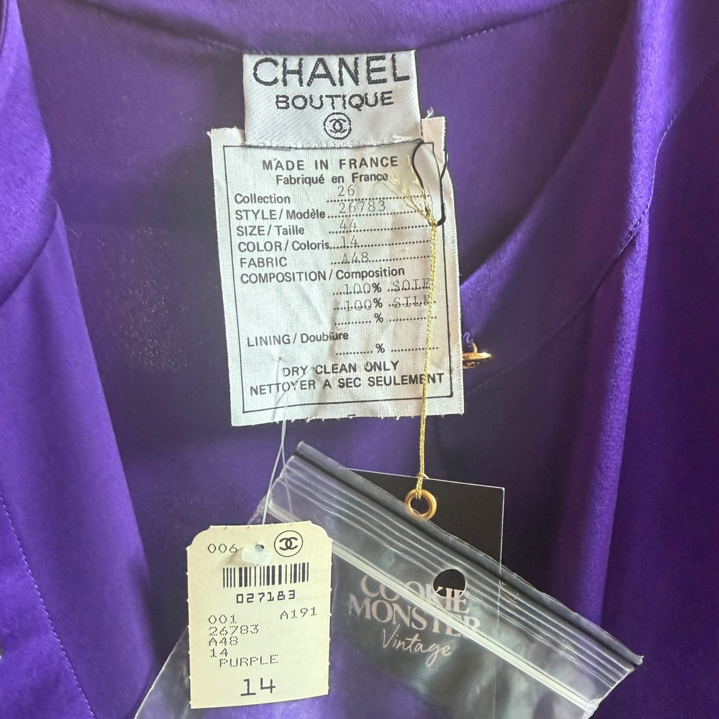 Chanel 1991 Purple Silk Charmeuse Collarless Blouse Gold CC Logo Buttons NWT Size 44