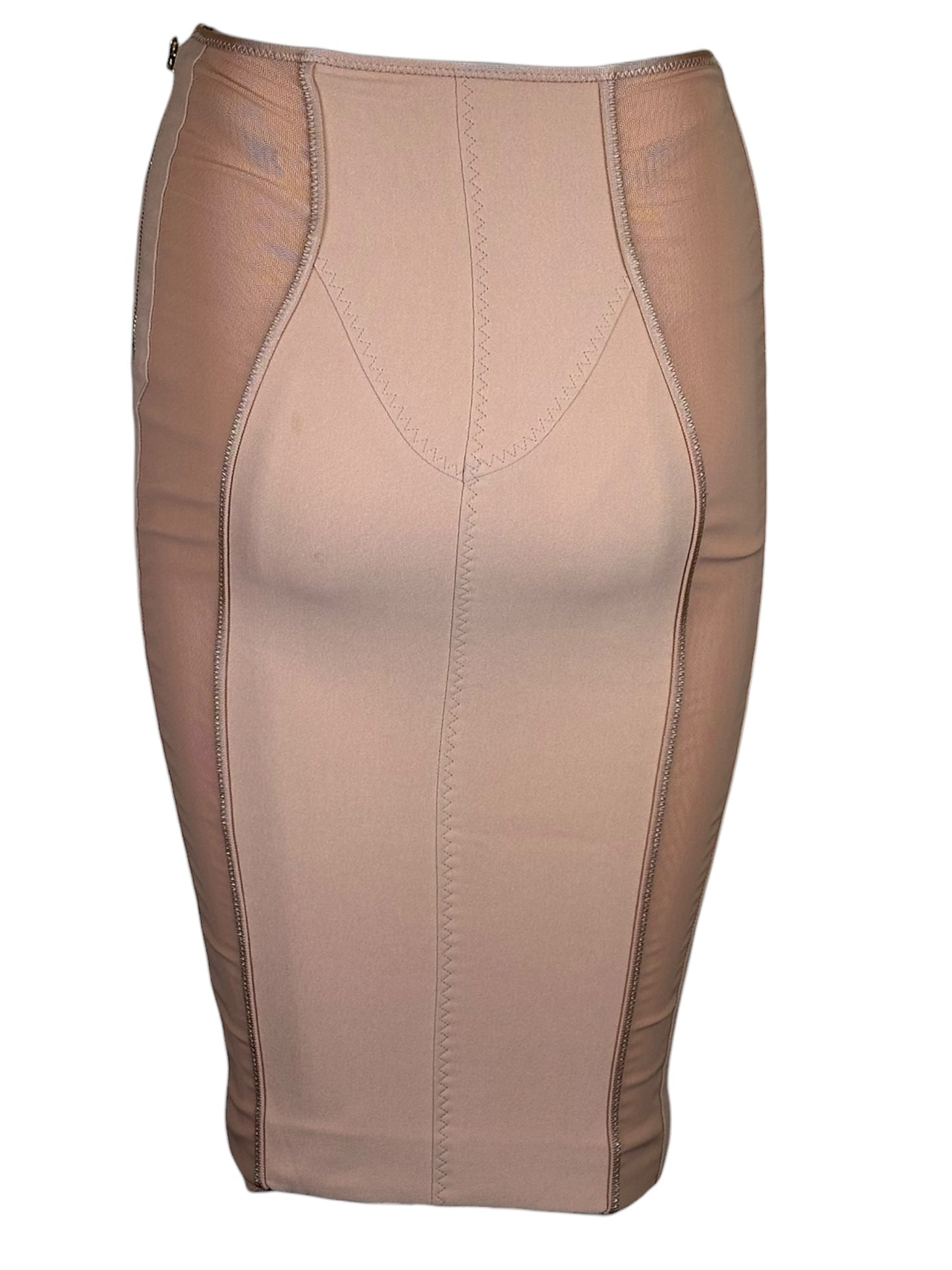 Tom Ford Beige Mesh Panel Pencil Skirt with Gold Logo Side Zipper Size 34