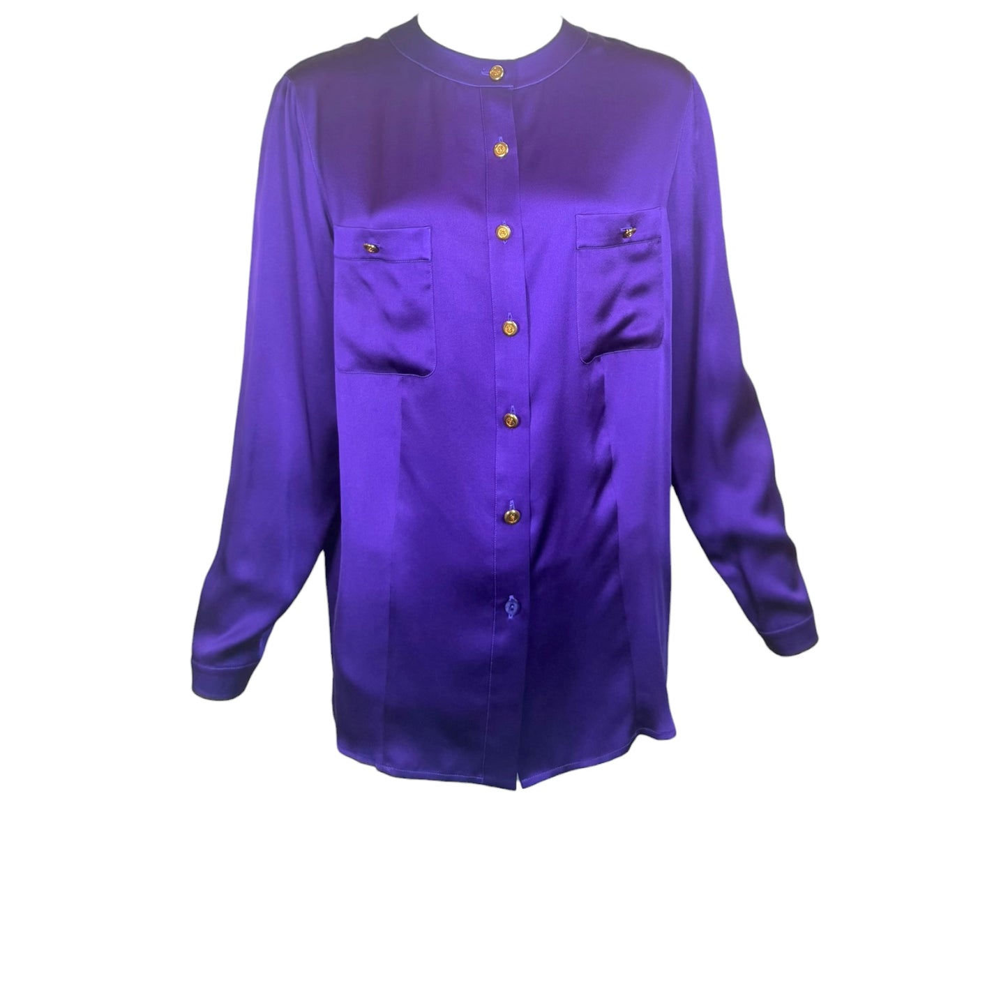 Chanel 1991 Purple Silk Charmeuse Collarless Blouse Gold CC Logo Buttons NWT Size 44