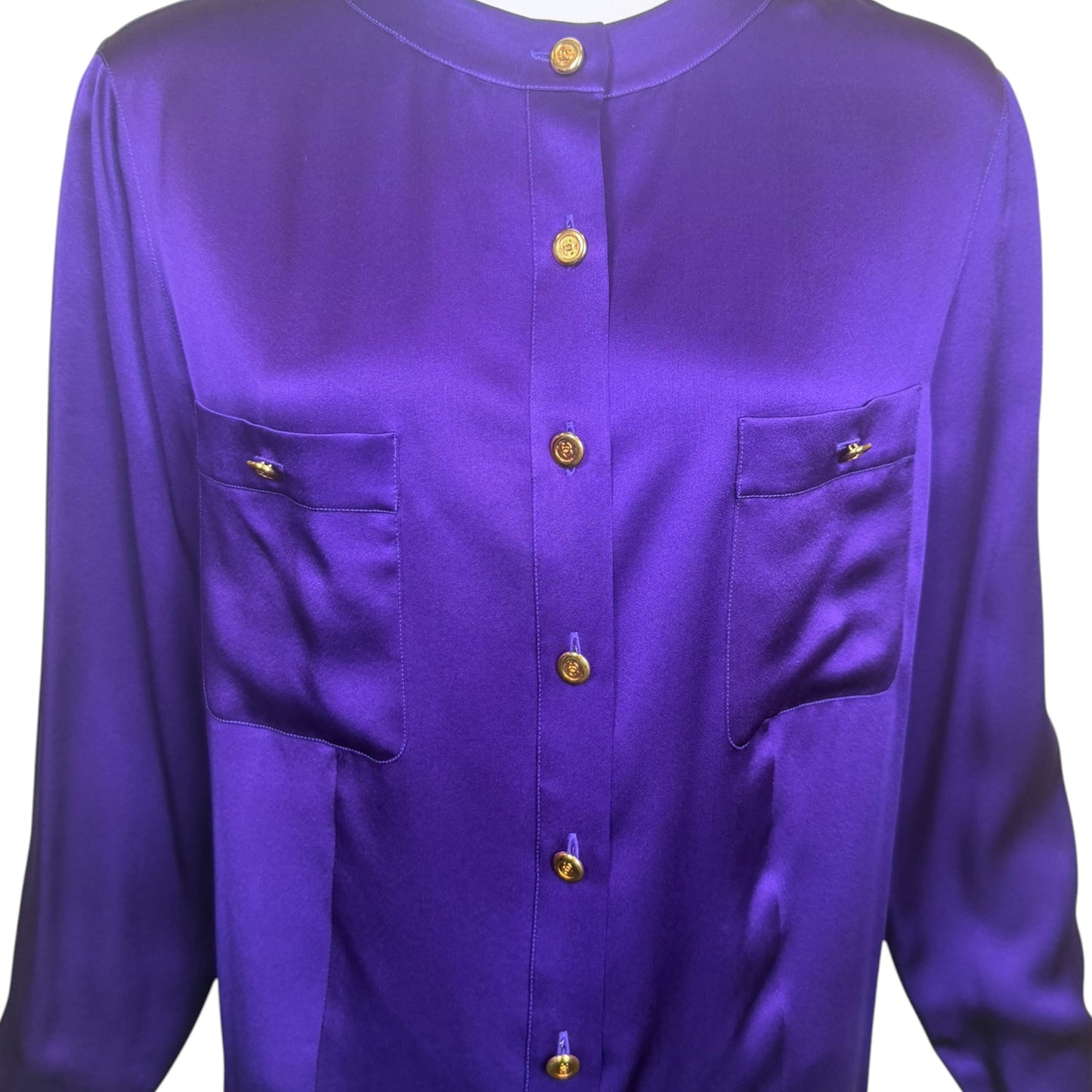 Chanel 1991 Purple Silk Charmeuse Collarless Blouse Gold CC Logo Buttons NWT Size 44