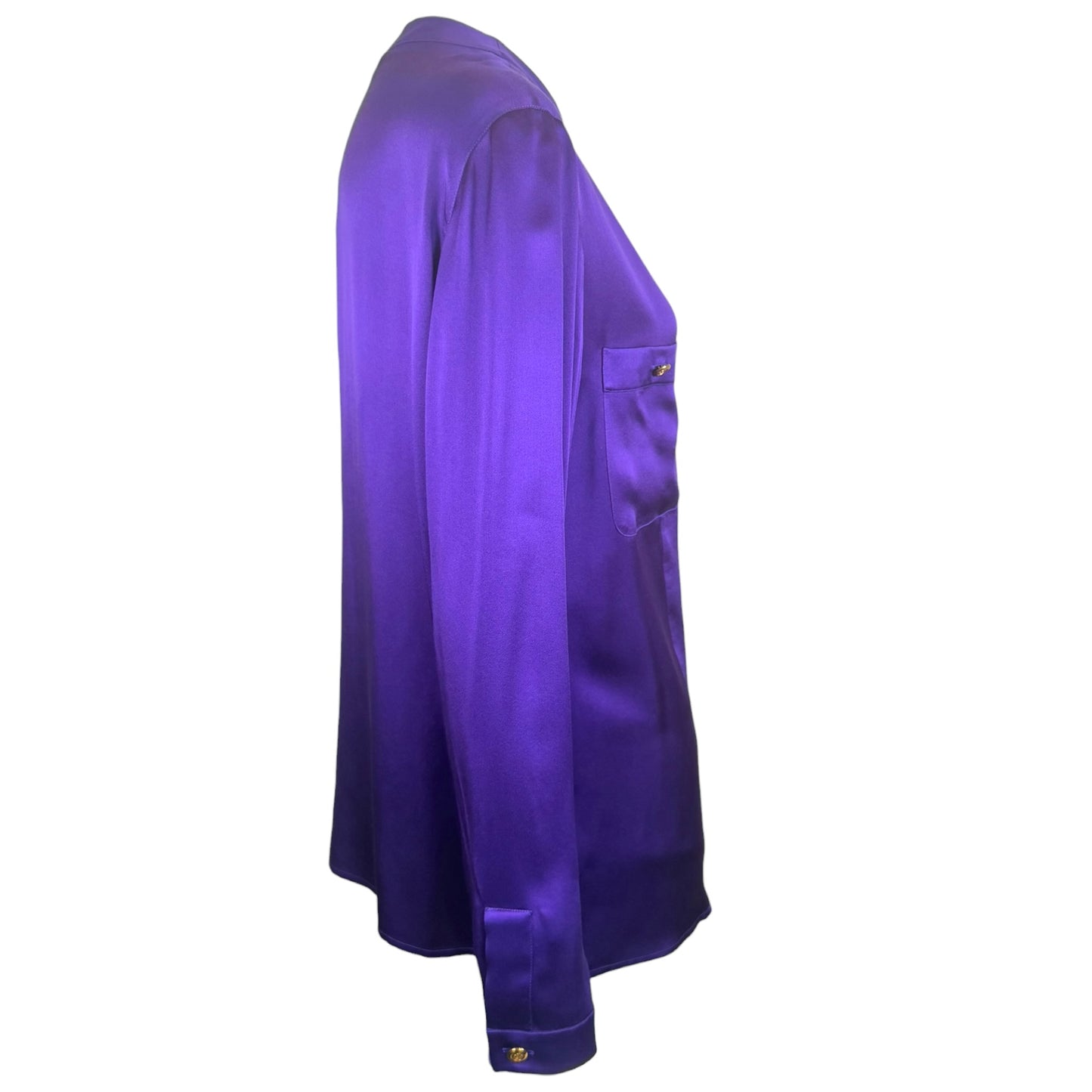 Chanel 1991 Purple Silk Charmeuse Collarless Blouse Gold CC Logo Buttons NWT Size 44
