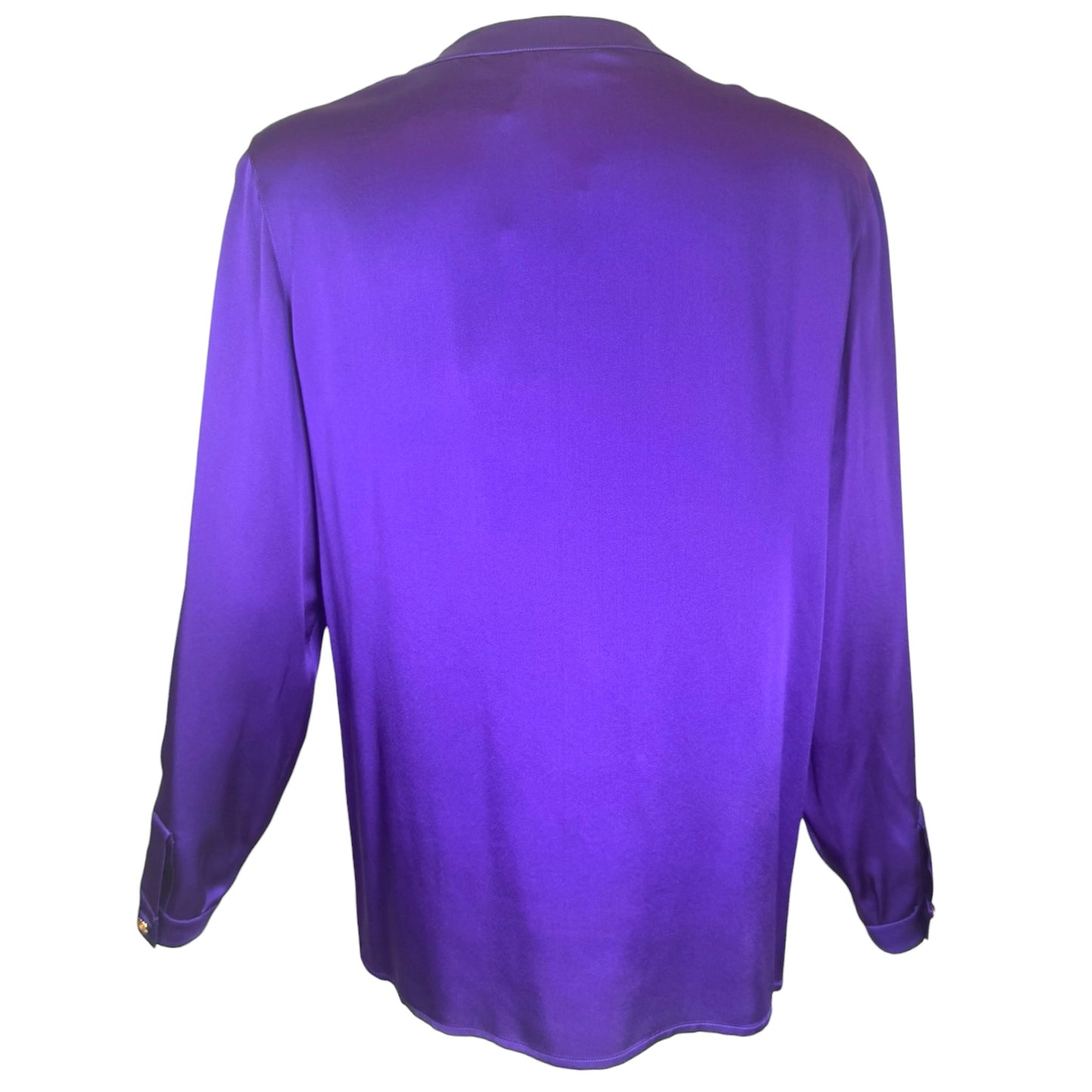 Chanel 1991 Purple Silk Charmeuse Collarless Blouse Gold CC Logo Buttons NWT Size 44