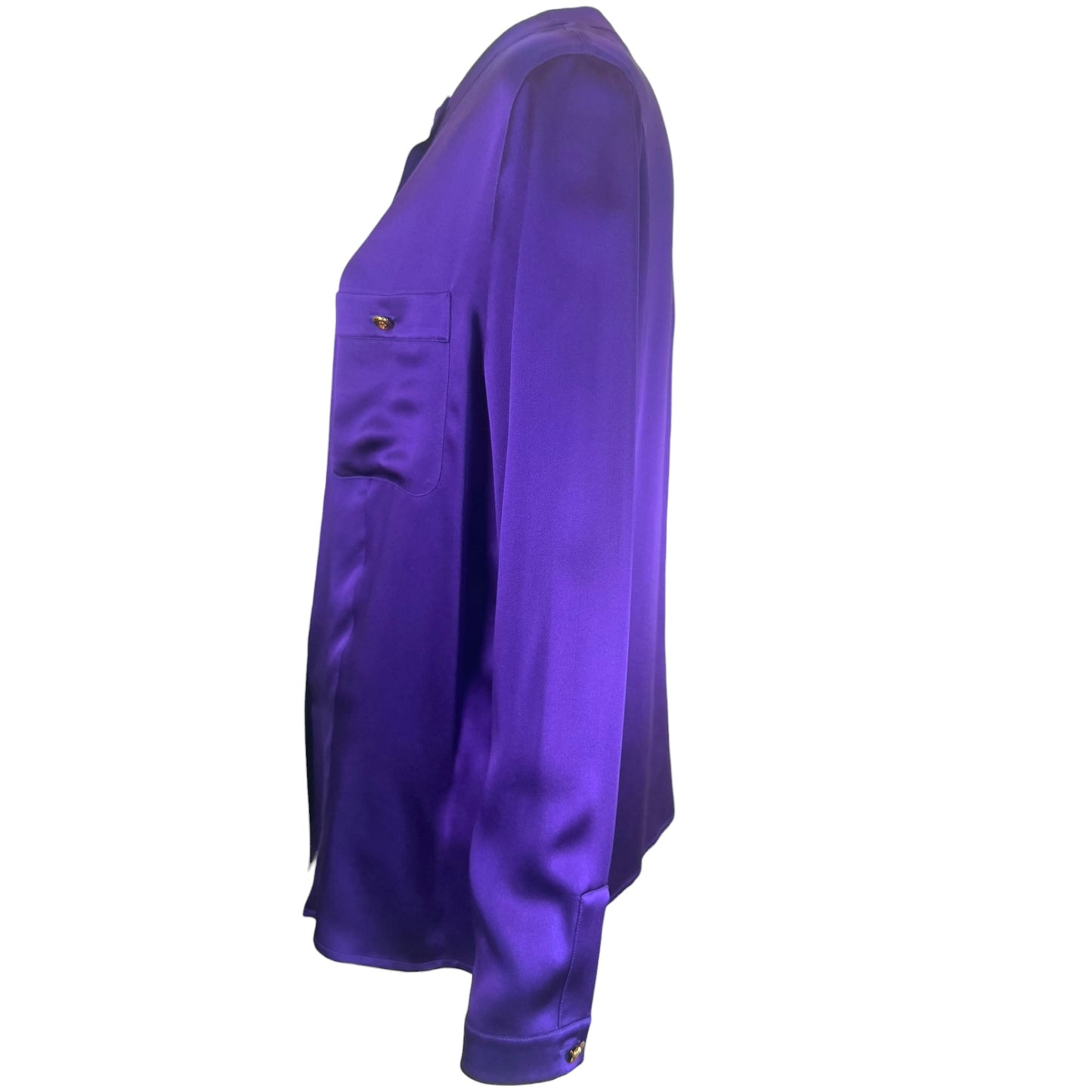 Chanel 1991 Purple Silk Charmeuse Collarless Blouse Gold CC Logo Buttons NWT Size 44