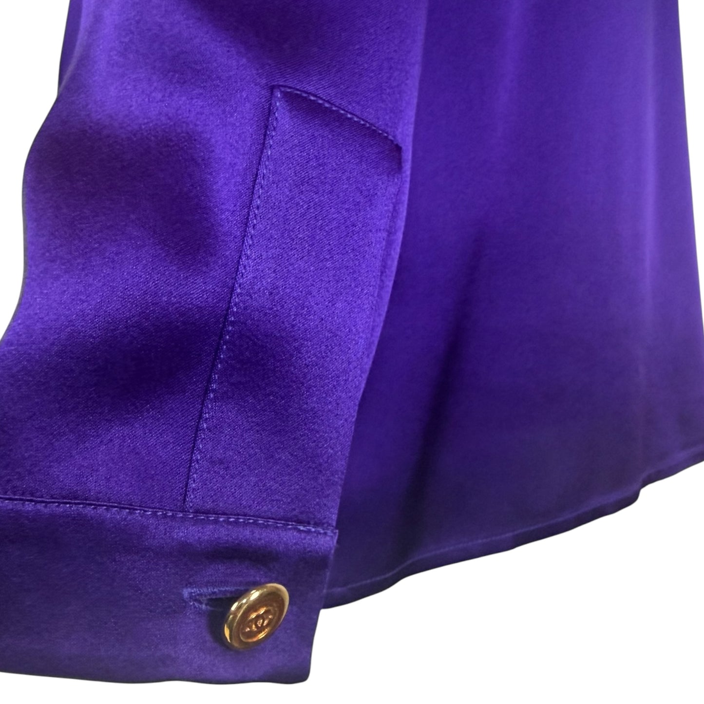 Chanel 1991 Purple Silk Charmeuse Collarless Blouse Gold CC Logo Buttons NWT Size 44