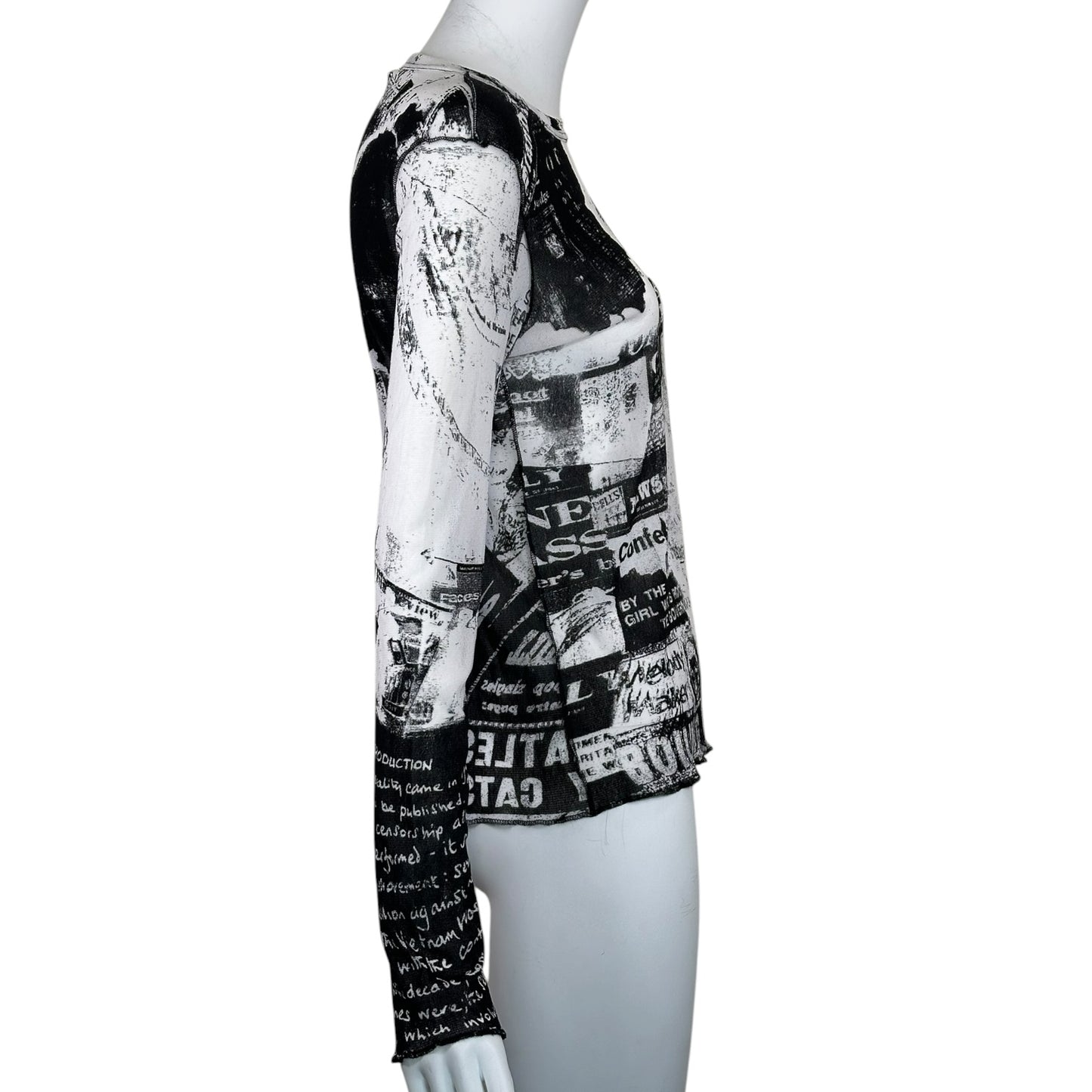 Roberto Cavalli Vintage Newspaper Galliano Style Gazette Mesh Sheer Y2K Printed Top T-Shirt Cami Tee 90s 2000s