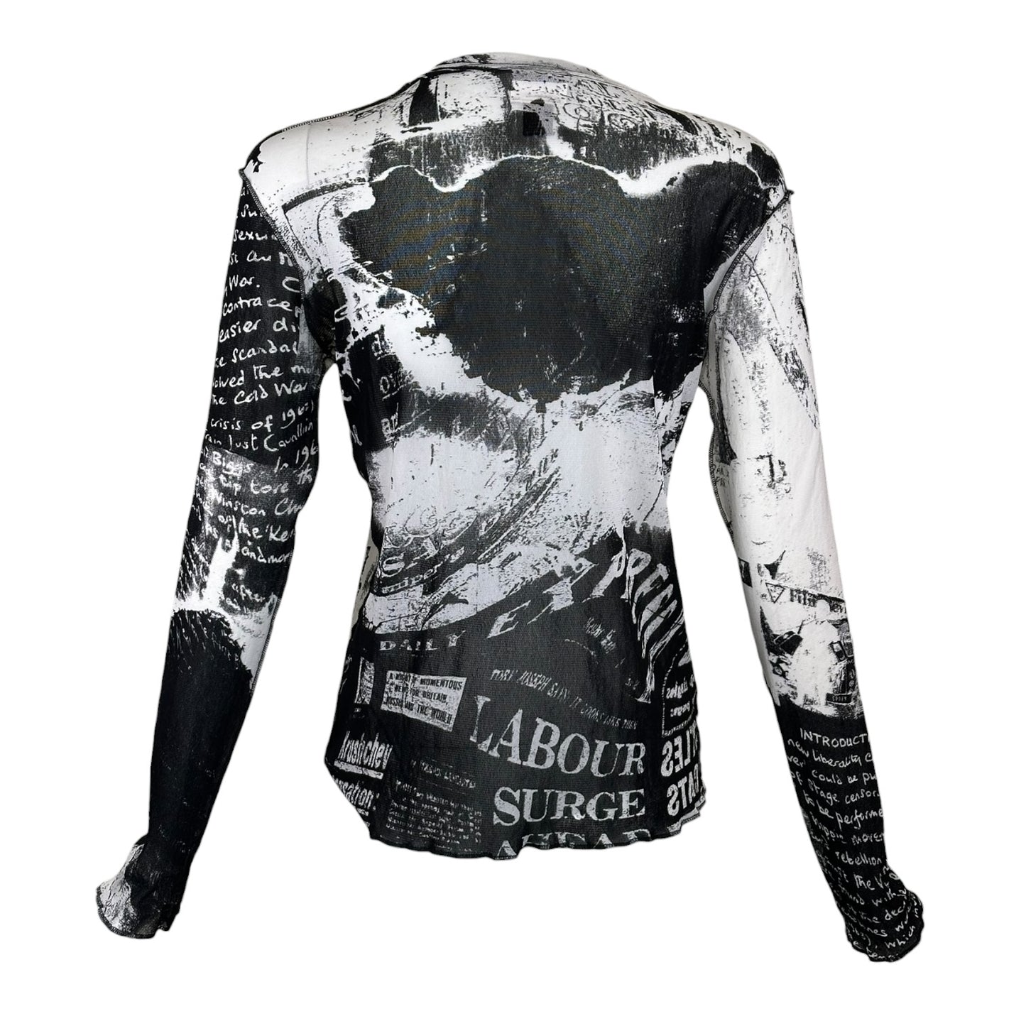 Roberto Cavalli Vintage Newspaper Galliano Style Gazette Mesh Sheer Y2K Printed Top T-Shirt Cami Tee 90s 2000s