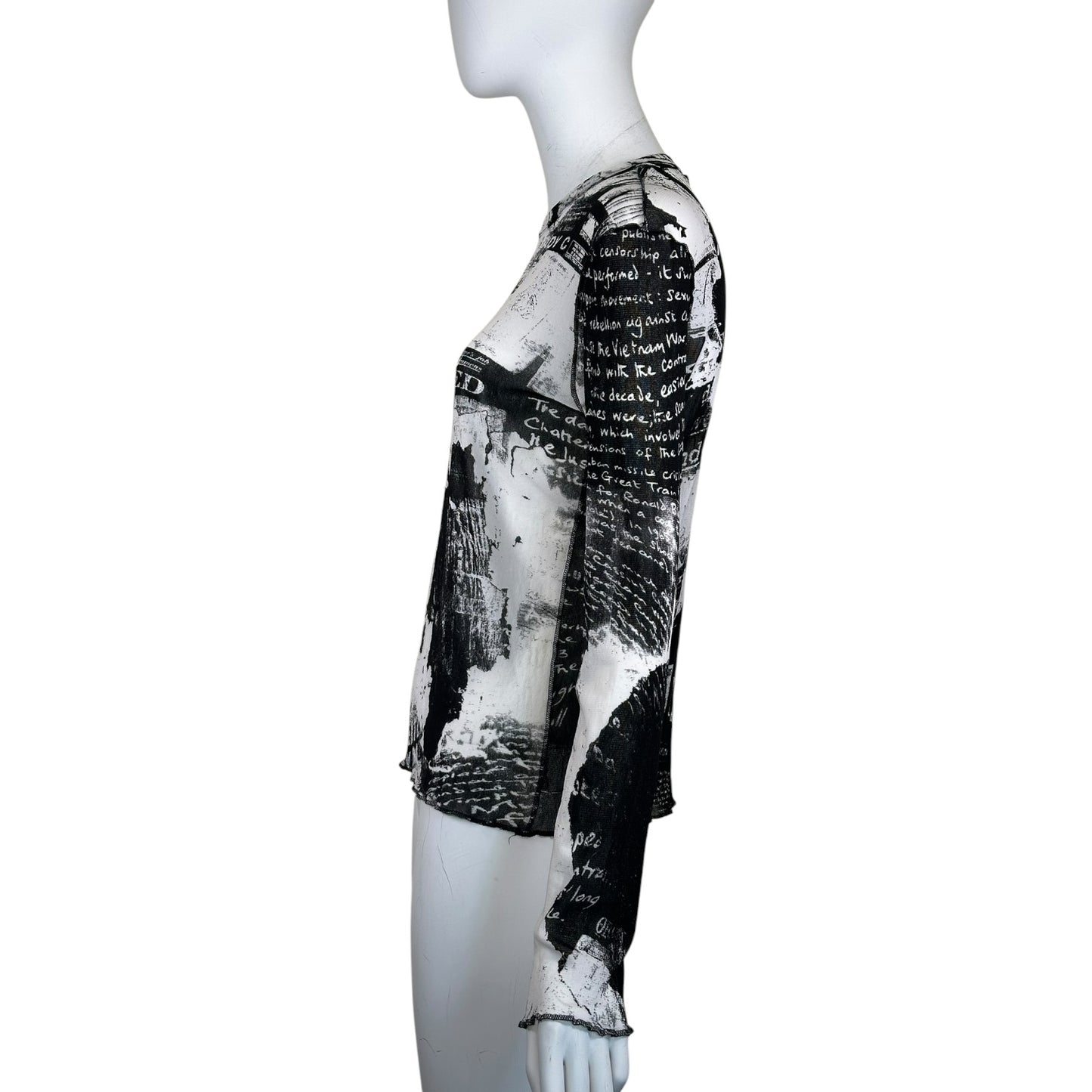 Roberto Cavalli Vintage Newspaper Galliano Style Gazette Mesh Sheer Y2K Printed Top T-Shirt Cami Tee 90s 2000s
