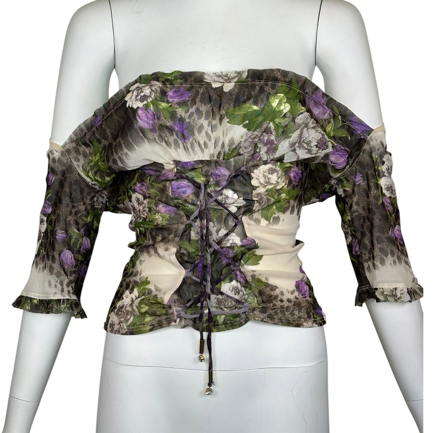 Vintage Roberto Cavalli Micro Mesh Leopard Floral Print Lace-Up Blouse Sz XL