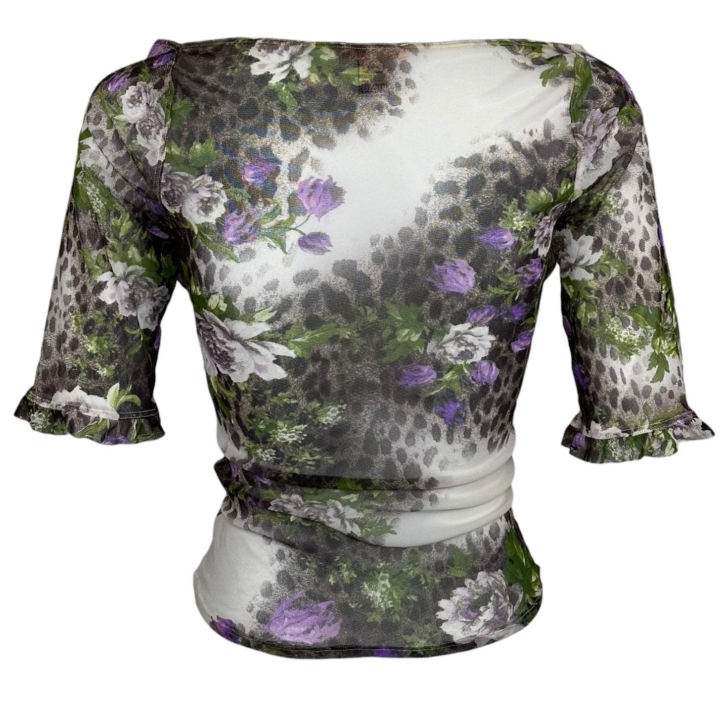 Vintage Roberto Cavalli Micro Mesh Leopard Floral Print Lace-Up Blouse Sz XL