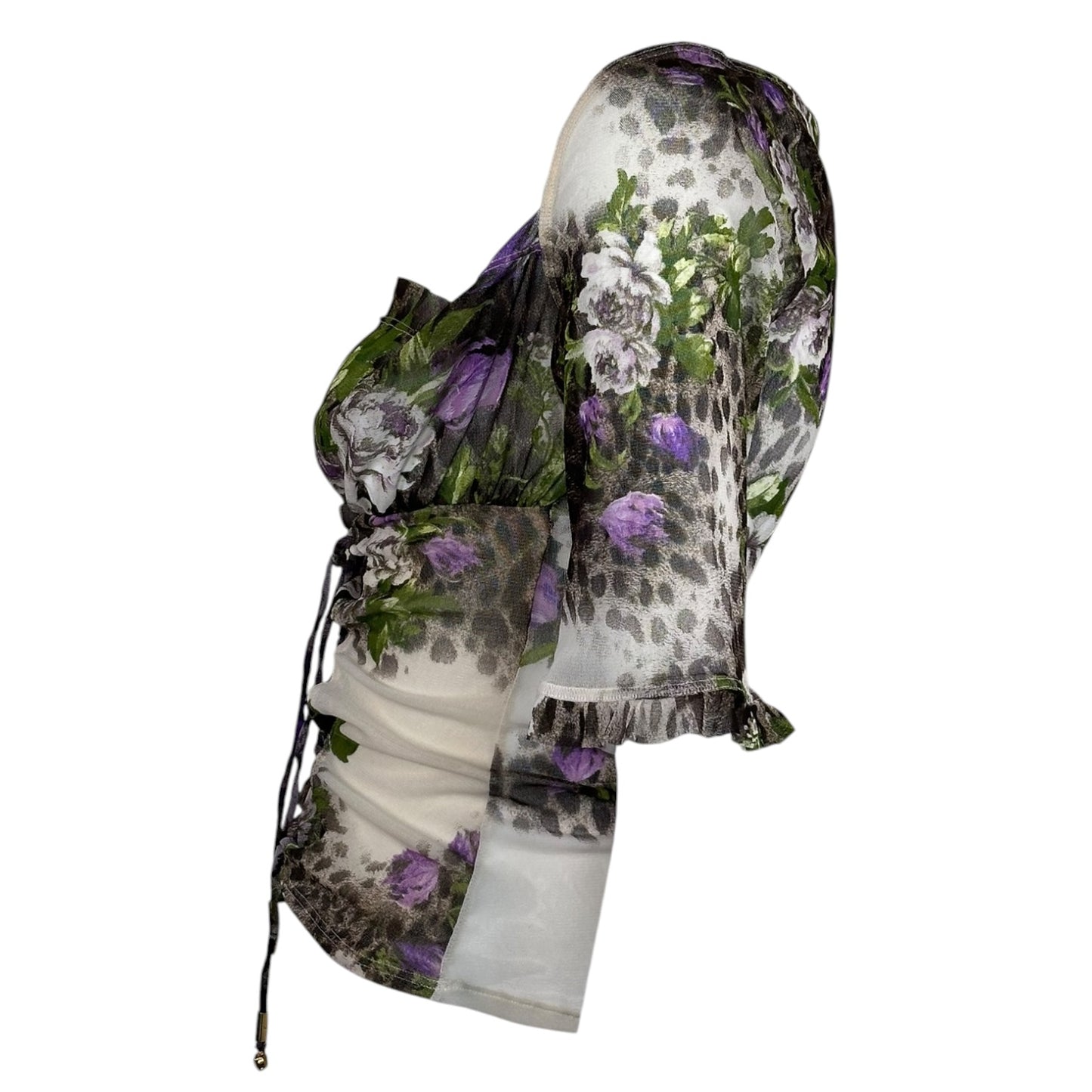 Vintage Roberto Cavalli Micro Mesh Leopard Floral Print Lace-Up Blouse Sz XL