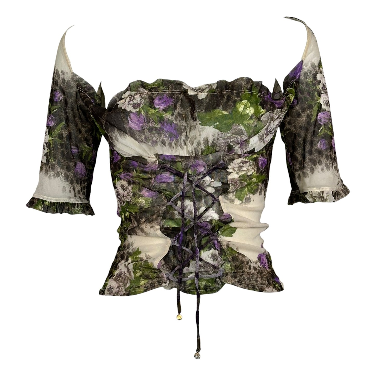 Vintage Roberto Cavalli Micro Mesh Leopard Floral Print Lace-Up Blouse Sz XL
