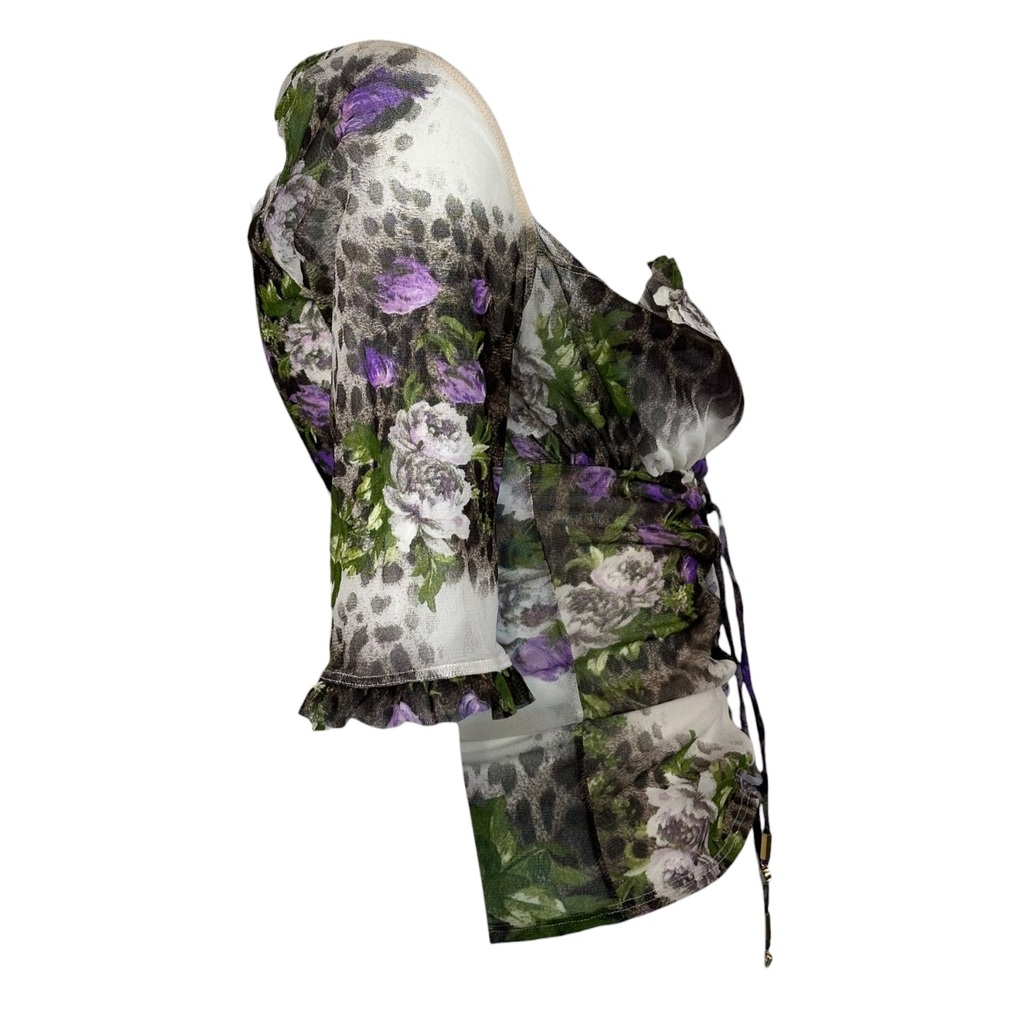 Vintage Roberto Cavalli Micro Mesh Leopard Floral Print Lace-Up Blouse Sz XL