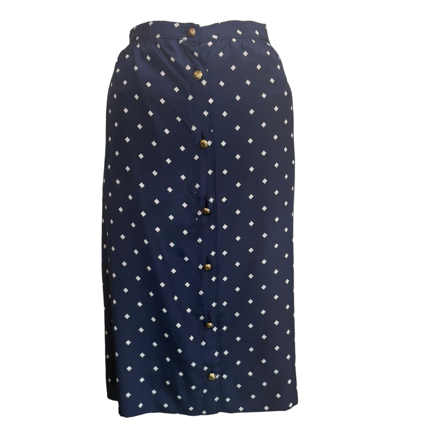 Vintage Chanel Navy Silk Diamond Print Blouse & High-Waisted Skirt Set Gold CC Logo Buttons