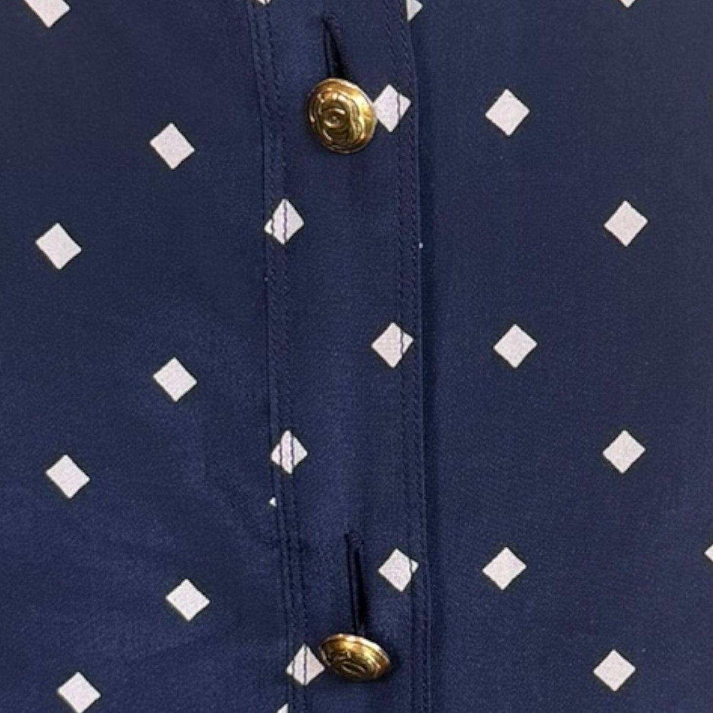 Vintage Chanel Navy Silk Diamond Print Blouse & High-Waisted Skirt Set Gold CC Logo Buttons