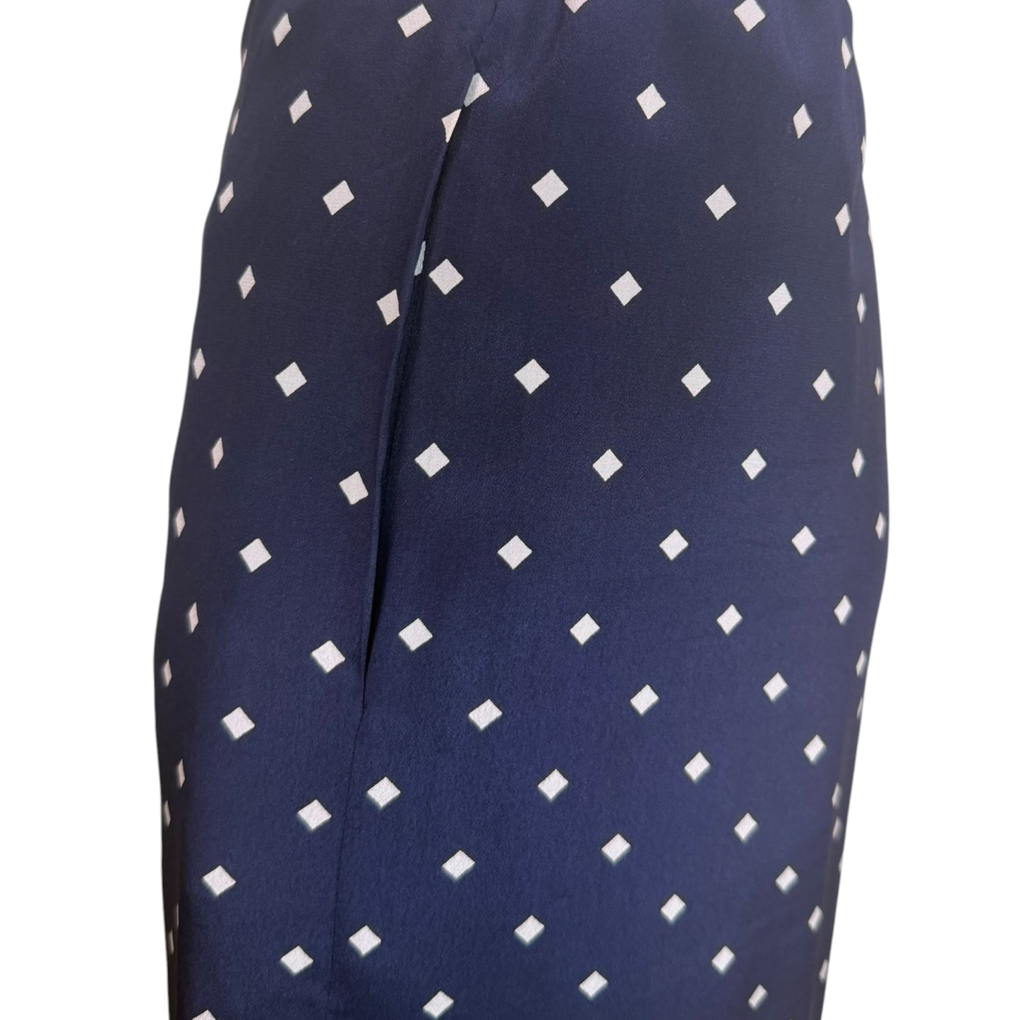 Vintage Chanel Navy Silk Diamond Print Blouse & High-Waisted Skirt Set Gold CC Logo Buttons