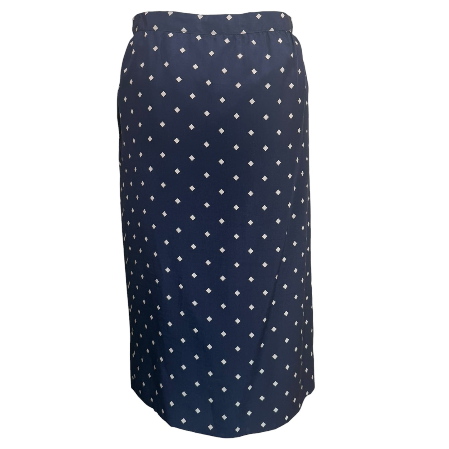 Vintage Chanel Navy Silk Diamond Print Blouse & High-Waisted Skirt Set Gold CC Logo Buttons