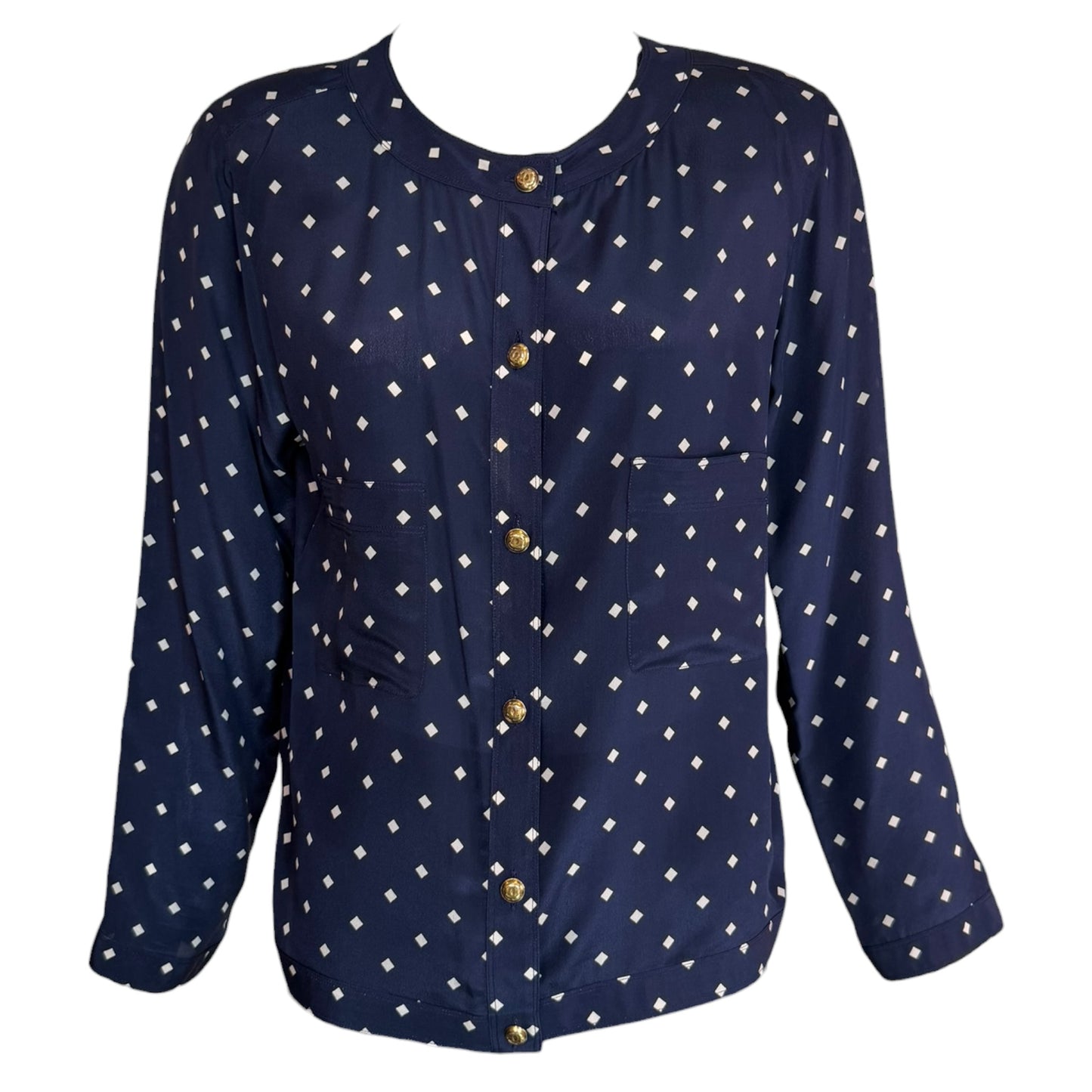 Vintage Chanel Navy Silk Diamond Print Blouse & High-Waisted Skirt Set Gold CC Logo Buttons