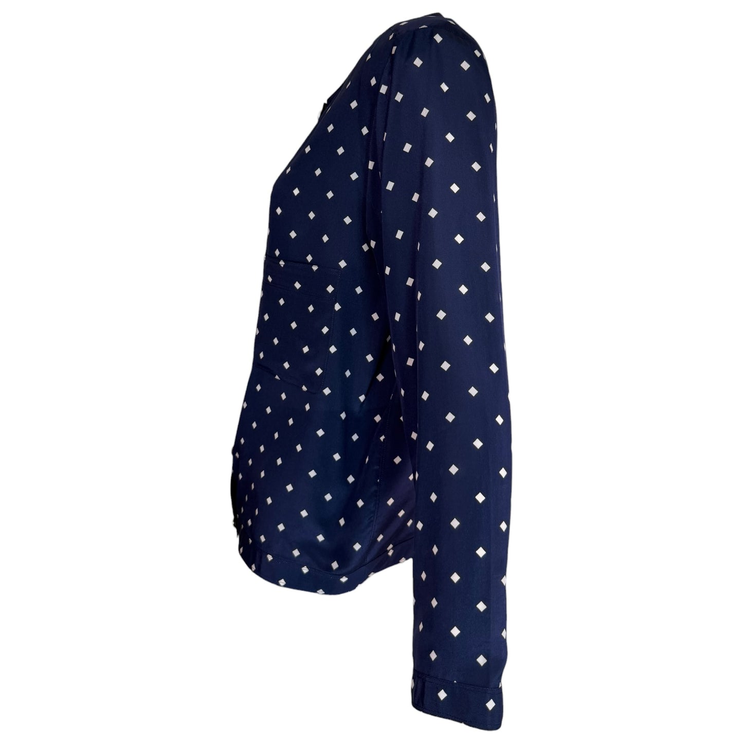 Vintage Chanel Navy Silk Diamond Print Blouse & High-Waisted Skirt Set Gold CC Logo Buttons