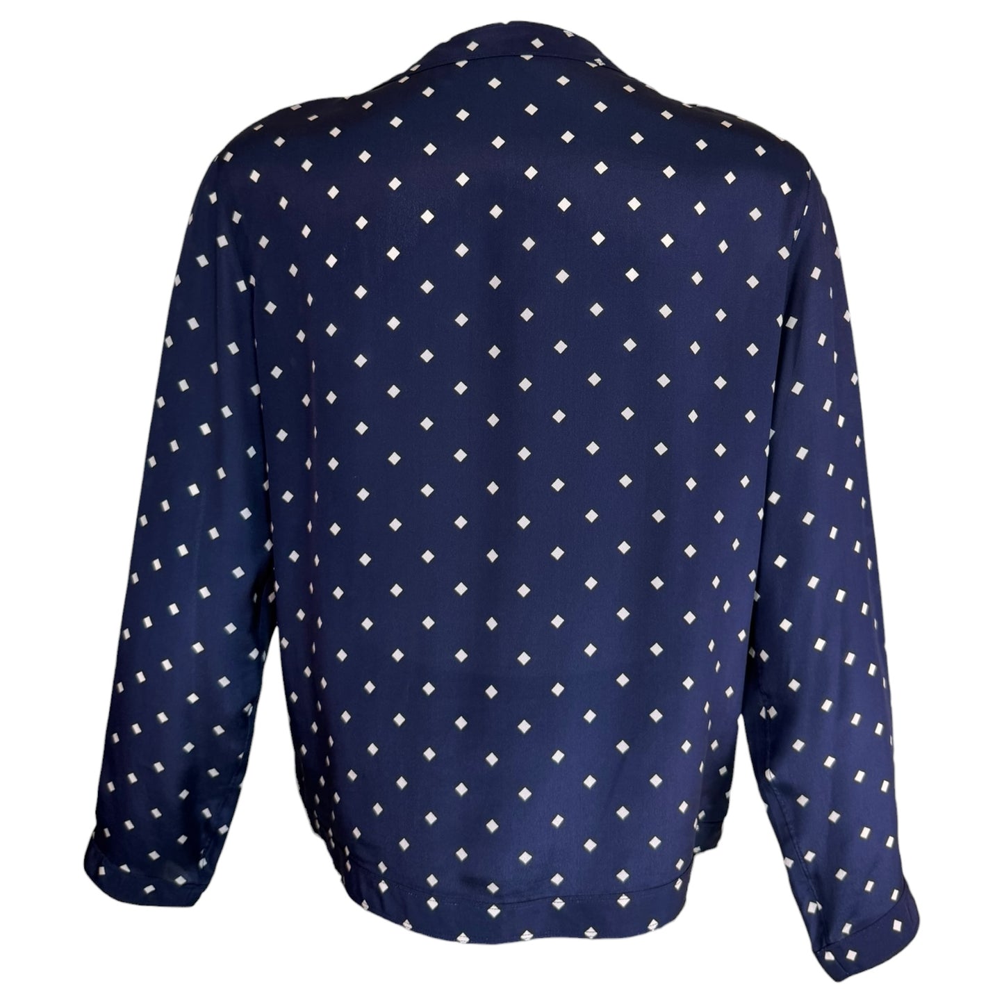 Vintage Chanel Navy Silk Diamond Print Blouse & High-Waisted Skirt Set Gold CC Logo Buttons