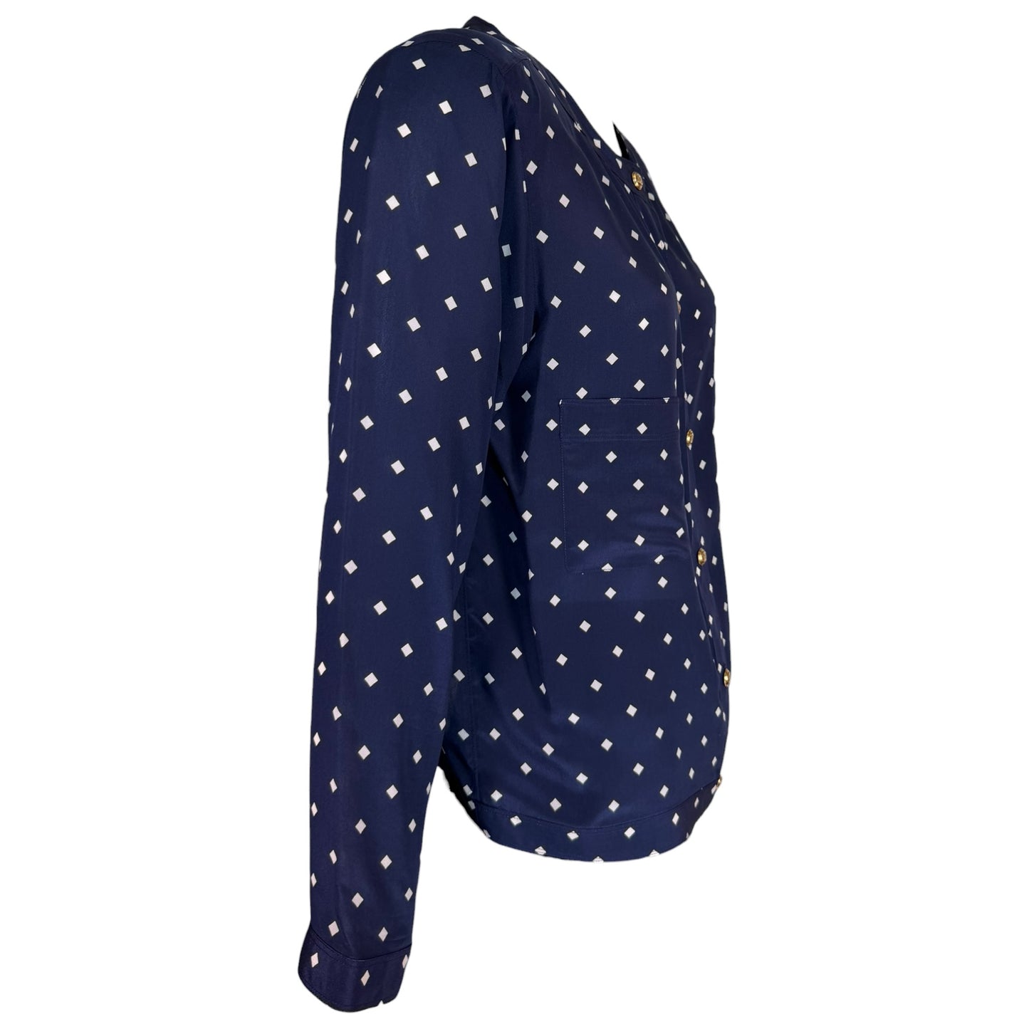 Vintage Chanel Navy Silk Diamond Print Blouse & High-Waisted Skirt Set Gold CC Logo Buttons