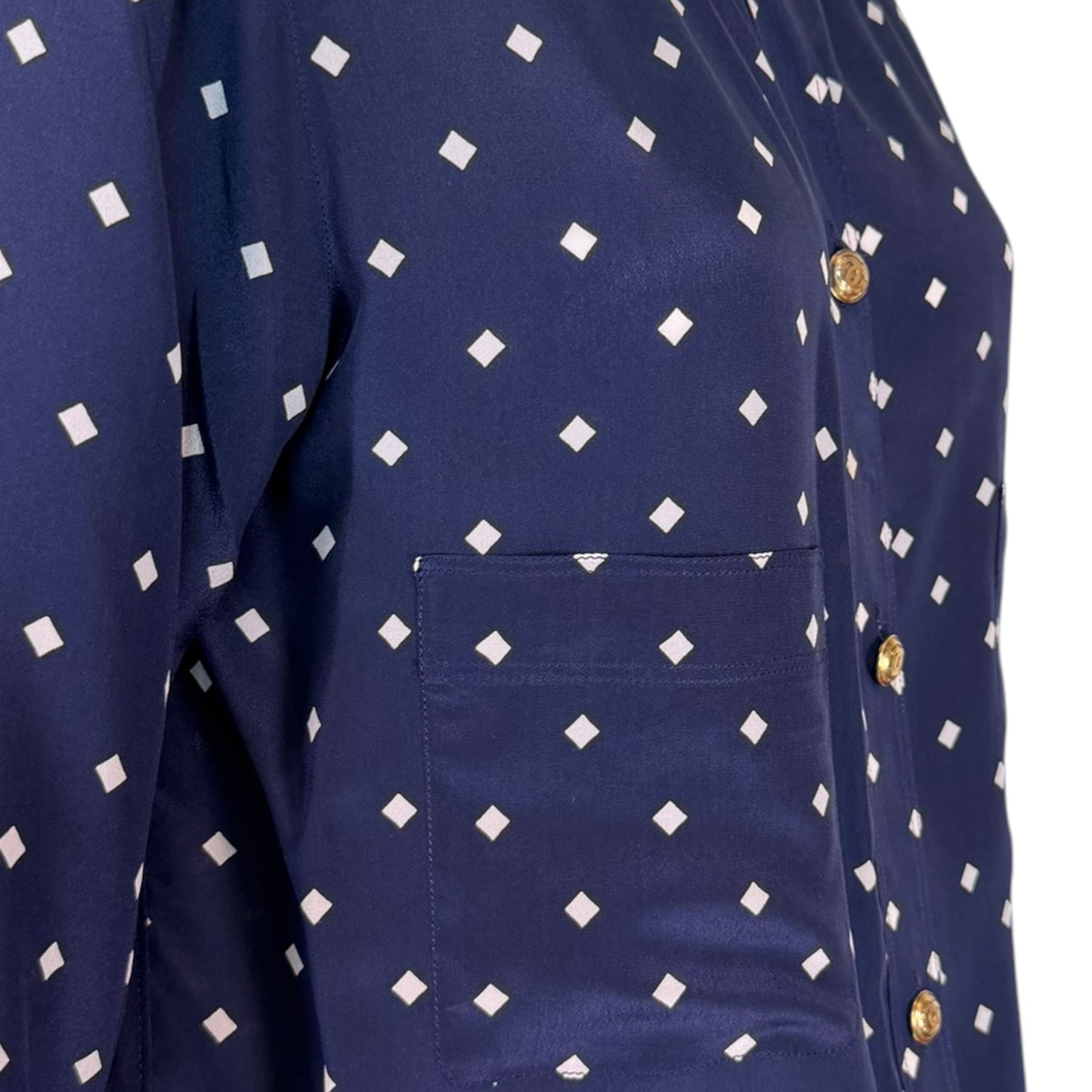 Vintage Chanel Navy Silk Diamond Print Blouse & High-Waisted Skirt Set Gold CC Logo Buttons