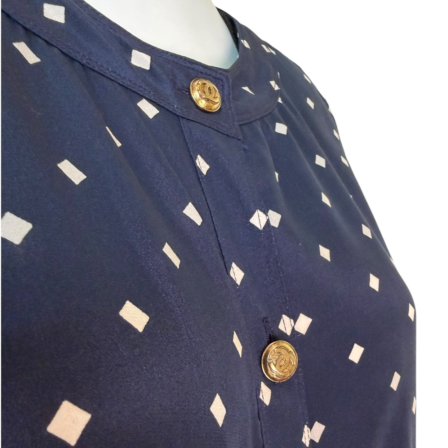 Vintage Chanel Navy Silk Diamond Print Blouse & High-Waisted Skirt Set Gold CC Logo Buttons